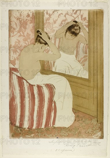 The Coiffure, 1890–91, Mary Cassatt (American, 1844-1926), printed with Leroy (French, active 1876-1900), United States, Color aquatint with drypoint from three plates, on ivory laid paper, 365 x 267 mm (image/plate), 433 x 330 mm (sheet)