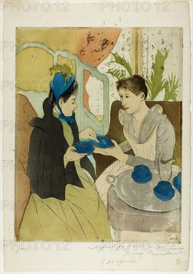 Afternoon Tea Party, 1890–91, Mary Cassatt (American, 1844-1926), printed with Leroy (French, active 1876-1900), United States, Color aquatint with drypoint from three plates, with brush and gold paint, on ivory laid paper, 348 x 270 mm (image/plate), 432 x 301 mm (sheet)