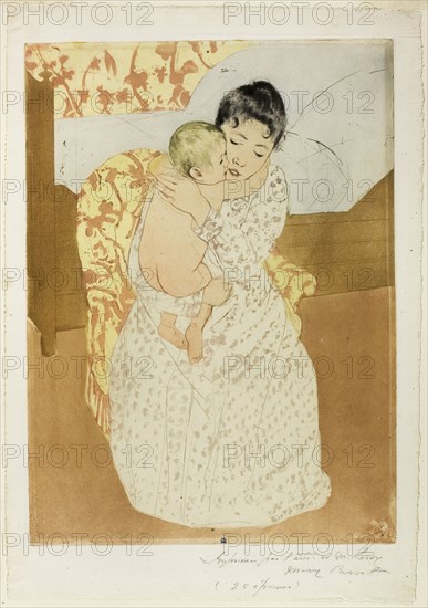 Maternal Caress, 1890–91, Mary Cassatt (American, 1844-1926), printed with Leroy (French, active 1876-1900), United States, Color aquatint with drypoint from three plates, partially printed à la poupée, on ivory laid paper, 368 x 268 mm (image/plate), 432 x 301 mm (sheet)