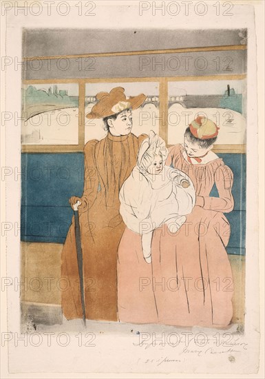 In the Omnibus, 1890–91, Mary Cassatt (American, 1844-1926), printed with Leroy (French, active 1876-1900), United States, Color aquatint with drypoint from three plates, partially printed à la poupée, on ivory laid paper, 367 x 268 mm (plate), 437 x 300 mm (sheet)