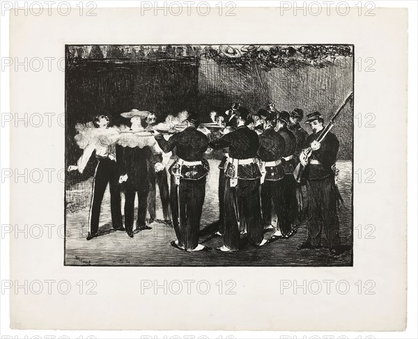 The Execution of Maximilian, 1867–68, Édouard Manet, French, 1832-1883, France, Lithograph in black, with scraping, on ivory chine laid down on ivory wove paper, 335 × 434 mm (image), 338 × 436 mm (primary support), 490 × 599 mm (secondary support)
