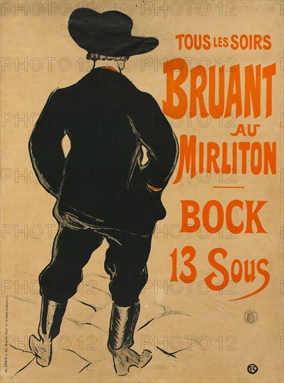 Aristide Bruant, 1893, Henri de Toulouse-Lautrec, French, 1864-1901, France, Color lithograph poster on tan wove paper, laid down on white wove Japan tissue, 815 × 585 mm (image), 817 × 608 mm (primary support), 834 × 626 mm (secondary support)