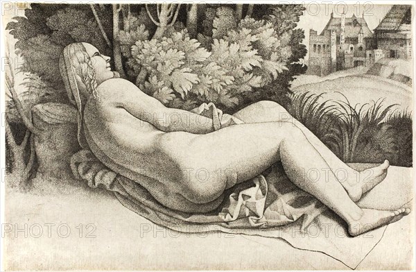 Woman Reclining in a Landscape, 1508/09, Giulio Campagnola, Italian, c. 1482-1515/18, Italy, Engraving on paper, 119 x 182 mm (sheet)