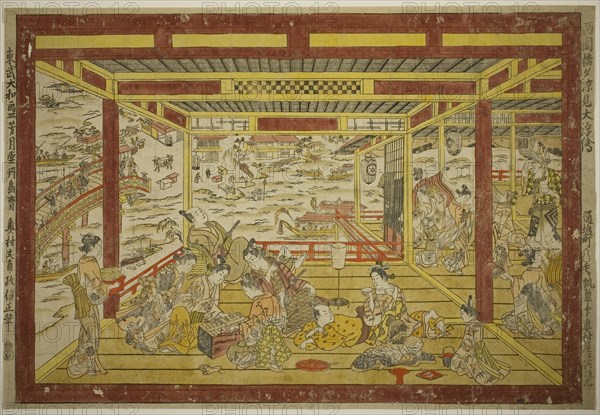 Enjoying the Evening Cool near Ryogoku Bridge (Ryogoku bashi yusuzumi uki-e), c. 1740, Okumura Masanobu, Japanese, 1686-1764, Japan, Hand-colored woodblock print, beni-e, horizontal o-oban, 44.6 x 65.5 cm