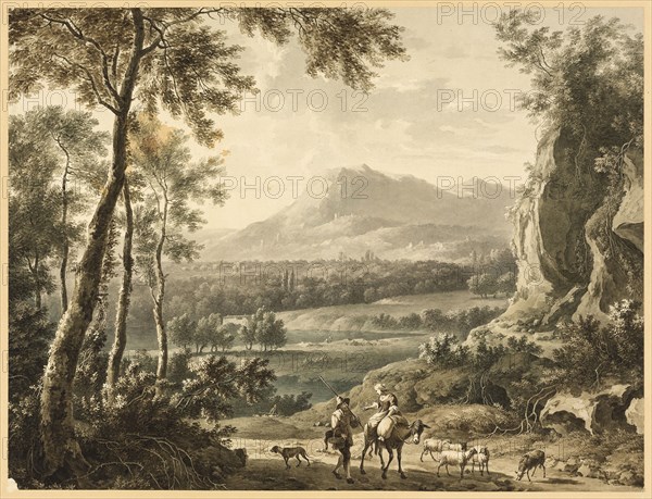 Italianate Landscape with Traveling Peasants in Foreground, 1700/99, After Frederick de Moucheron, Dutch, 1633-1686, Netherlands, Watercolor with incising, over graphite, on ivory wove paper, laid down on tan board, 259 x 342 mm