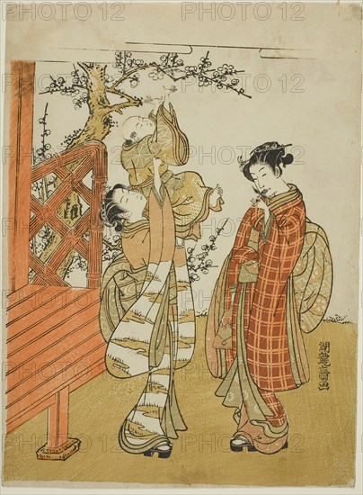 Retrieving the Shuttlecock, c. 1773, Isoda Koryusai, Japanese, 1735-1790, Japan, Color woodblock print, chuban, 10 1/2 x 7 5/8 in., Sampler, 1811, Mary Ann Doe (American, 1798/99-?), United States, New York, New York, Linen and wool, plain weave, embroidered with silk in cross and satin stitches, 48 x 57.4 cm (18 7/8 x 22 5/8 in.)