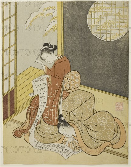 The Love Letter, 1765, Suzuki Harunobu ?? ??, Japanese, 1725 (?)-1770, Japan, Color woodblock print, chuban, surimono, 26.1 x 20.4 cm (10 1/4 x 7 7/8 in.)