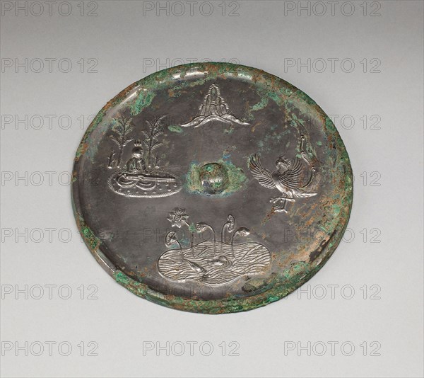 Mirror with Images of Purity and Immortality: Mount Penglai, Boya Playing the Qin (Zither), Lotus Pond, and Dancing Phoenix, Tang dynasty (618–907), 8th century, China, Bronze, Diam. 17.4 (6.8 in.), d. 0.6 cm (0.2 in.)