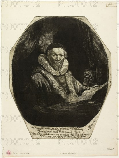 Jan Uytenbogaert, 1635, printed 1906, Rembrandt van Rijn (Dutch, 1606-1669), printed by Donald Shaw MacLaughlan (American, born Canada, 1876-1938), Netherlands, Etching in black on cream laid paper, 205 x 179 mm (image), 228 x 188 mm (plate), 286 x 215 mm (sheet)