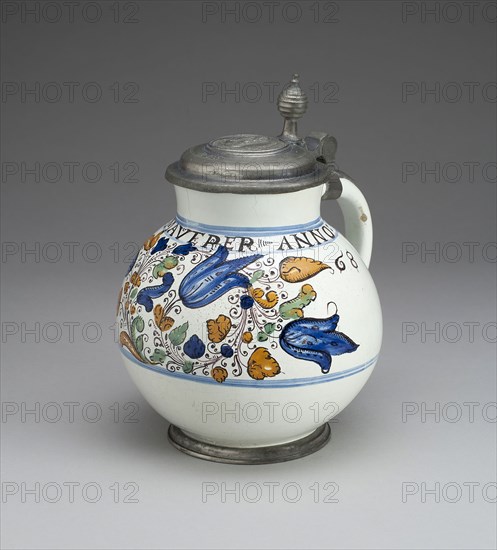 Jug, 1668, Hungary, Hungary, Tin-glazed earthenware (Habaner ware), pewter mounts, 22 x 18.4 cm (8 5/8 x 7 1/4 in.)