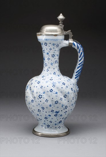 Wine Jug, c. 1720, Germany, Hanau, Germany, Tin-glazed earthenware (faience) and pewter, 32.4 × 16.5 cm (12 3/4 × 6 1/2 in.)