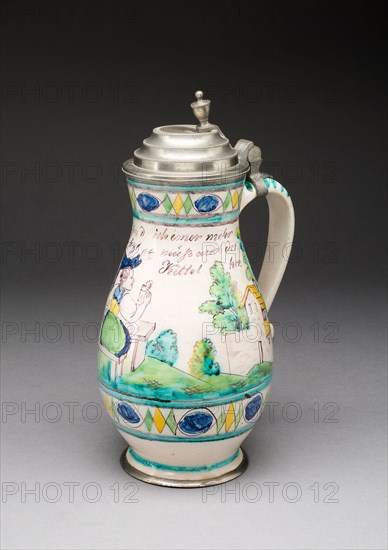 Wine Jug, 1800/25, Gmunden, Austria, Gmunden, Tin-glazed earthenware (faience) and pewter, 27.6 x 17.2 cm (10 7/8 x 6 3/4 in.)