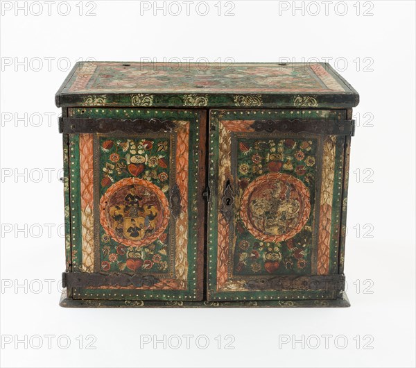 Marriage Chest, Early to mid 18th century, Bavaria, Germany, Wood, painted and gilded, metal mounts, 26.5 x 35.9 x 24.5 cm (10 7/16 x 14 1/8 x 9 5/8 in.)