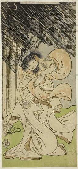 The Actor Yamashita Kinsaku II as a Thunder Goddess in the Play Onna Narukami, Performed at the Morita Theater in the First Month, 1770, c. 1770, Attributed to Katsukawa Shunsho ?? ??, Japanese, 1726-1792, Japan, Color woodblock print, hosoban, from a multisheet composition (?), 31.2 x 14.3 cm (12 5/16 x 5 5/8 in.)