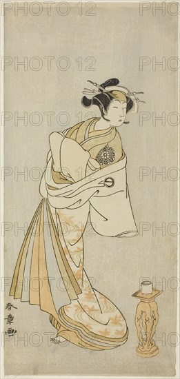 The Actor Nakamura Noshio I as the Spirit of the Courtesan Takao, in the Shosagoto Dance Sequence Sono Utsushi-e Matsu ni Kaede (A Shadow-Picture of Pine and Maple), the Last Scene of Part Two of the Play Keisei Momiji no Uchikake (Courtesan in an Over-Kimono of Maple Leaf Pattern), Performed at the Morita Theater from the Ninth Day of the Ninth Month, 1772, c. 1772, Katsukawa Shunsho ?? ??, Japanese, 1726-1792, Japan, Color woodblock print, hosoban, 32.3 x 15 cm (12 11/16 x 5 7/8 in.)