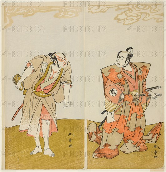 The Actors Bando Mitsugoro I as Hata no Kawakatsu (right), and Otani Hiroemon III as the Manservant (Yakko) Gansuke (left), in the Play Miya-bashira Iwao no Butai (Shrine Pillars on a Stone Base), Performed at the Morita Theater from the Fifteenth Day of the Seventh Month, 1773, c. 1773, Katsukawa Shunsho ?? ??, Japanese, 1726-1792, Japan, Color woodblock print, hosoban, diptych, 31.2 x 15.5 cm (12 5/16 x 6 1/8 in.) (right), 31.5 x 15.3 cm (12 3/8 x 6 1/8 in.) (left)