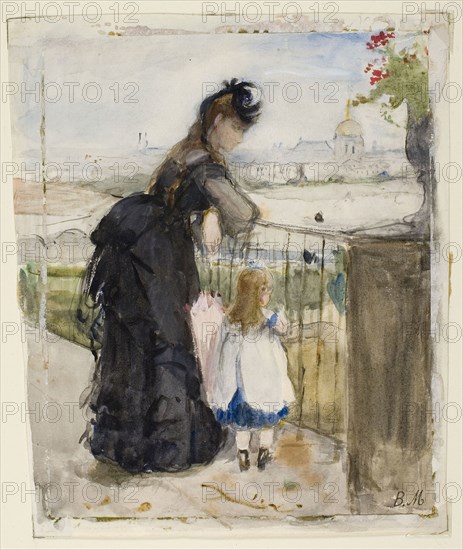 On the Balcony, 1871/72, Berthe Morisot, French, 1841-1895, France, Watercolor, with touches of gouache, over graphite, on off-white wove paper, 206 × 173 mm