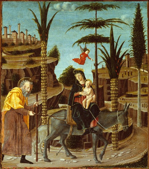 The Flight into Egypt, c. 1485, Butinone, Bernardino, Italian, c. 1450-before November 1510, Italy, Tempera on panel (poplar), Panel: 25.6 x 22 cm (10 1/8 x 8 11/16 in.), Painted Surface: 25.2 x 21.8 cm (9 15/16 x 8 1/2 in.), With Frame: 30.5 x 25.4 cm (12 x 10 in.)