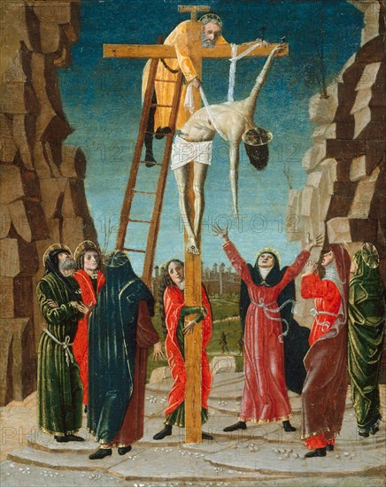 The Descent from the Cross, c. 1485, Butinone, Bernardino, Italian, c. 1450-before November 1510, Italy, Tempera on panel (poplar), Panel: 26 x 20.4 cm (10 3/16 x 8 1/16 in.), Painted surface: 25.6 x 20 cm (10 x 7 7/8 in.), With Frame: 30.5 x 25.4 cm (12 x 10 in.)
