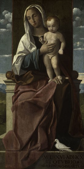 Virgin and Child Enthroned, 1516, Girolamo da Santacroce, Italian, fl. 1503, d. 1556, Italy, Tempera or oil on panel, transferred to canvas, 86.9 x 44.7 cm (34 1/4 x 17 5/8 in.)