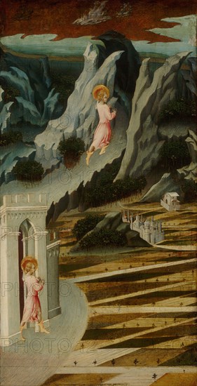 Saint John the Baptist Entering the Wilderness, 1455/60, Giovanni di Paolo, Italian, 1398–1482, Italy, Tempera on panel, 68.5 × 36.2 cm (27 × 14 1/4 in.), painted surface: 66.3 × 34 cm (26 1/16 × 13 7/16 in.)
