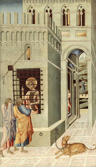 Saint John the Baptist in Prison Visited by Two Disciples, 1455/60, Giovanni di Paolo, Italian, 1398–1482, Italy, Tempera on panel, 68.3 × 40 cm (26 7/8 × 15 3/4 in.), painted surface: 66.3 × 37.8 cm (26 1/16 × 14 7/8 in.)