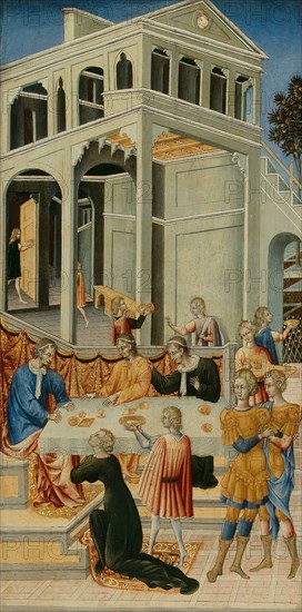 Salome Asking Herod for the Head of Saint John the Baptist, 1455/60, Giovanni di Paolo, Italian, 1398–1482, Italy, Tempera on panel, 69.1 × 36 cm (27 3/16 × 14 3/16 in.), painted surface: 66.7 × 33.7 cm (26 5/16 × 13 1/4 in.)
