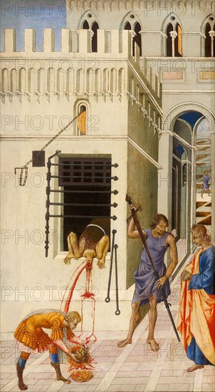 The Beheading of Saint John the Baptist, 1455/60, Giovanni di Paolo, Italian, 1398–1482, Italy, Tempera on panel, 68.6 × 39.1 cm (27 × 15 3/8 in.), painted surface: 66.3 × 36.6 cm (26 1/16 × 14 7/16 in.)