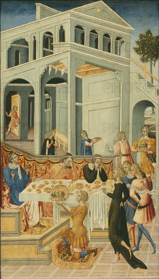 The Head of Saint John the Baptist Brought before Herod, 1455/60, Giovanni di Paolo, Italian, 1398–1482, Italy, Tempera on panel, 68.5 × 40.2 cm (27 × 15 13/16 in.), painted surface: 66.1 × 38.1 cm (26 1/32 × 15 in.)