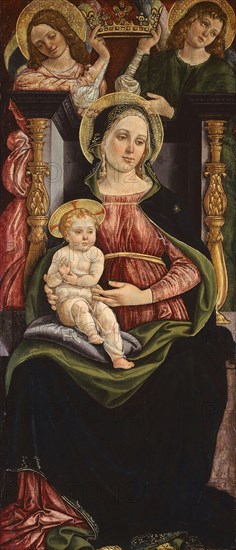 Virgin and Child Enthroned with Two Angels Holding a Crown, 1505/15, Attributed to Ansano Ciampanti, Italian, 1474–1532/1535, Italy, Tempera on panel, 107.8 x 46.5 cm (42 3/8 x 18 5/16 in.)
