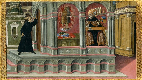 Saint Augustine’s Vision of Saints Jerome and John the Baptist, 1476, Matteo di Giovanni, Italian, c. 1430–1495, Italy, Tempera on panel, 14 3/4 × 26 in. (37.6 × 66.1 cm), painted surface: 14 1/8 × 25 3/8 in. (36 × 64.4 cm)