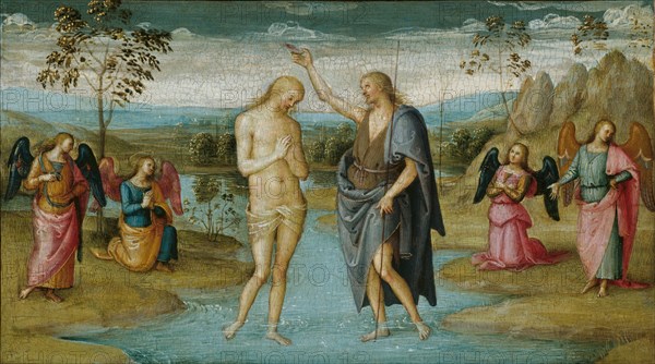 The Baptism of Christ, 1500/05, Perugino (Pietro di Cristoforo Vannucci), Italian, 1445/46-1523, Italy, Tempera on panel, transferred to canvas, 27.3 x 46.4 cm (10 3/4 x 18 1/4 in.)