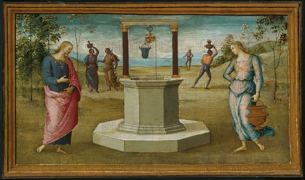 Christ and the Woman of Samaria, 1500/05, Perugino (Pietro di Cristoforo Vannucci), Italian, 1445/46-1523, Italy, Tempera on panel, transferred to canvas, 27.3 x 46.3 cm (10 3/4 x 18 1/4 in.)