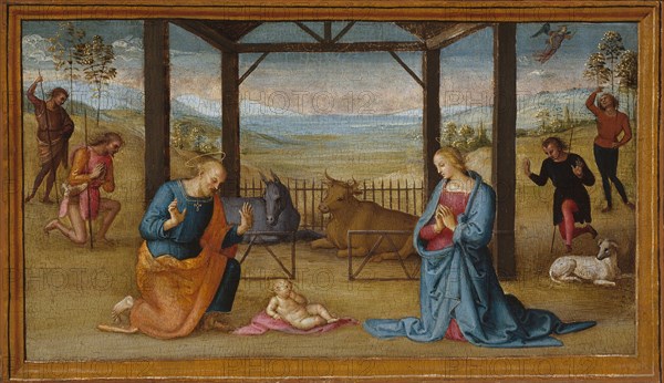 The Nativity, 1500/05, Perugino (Pietro di Cristoforo Vannucci), Italian, 1445/46-1523, Italy, Tempera on panel, transferred to canvas, 26.2 x 46.3 cm, 10 5/16 x 18 1/4 in.