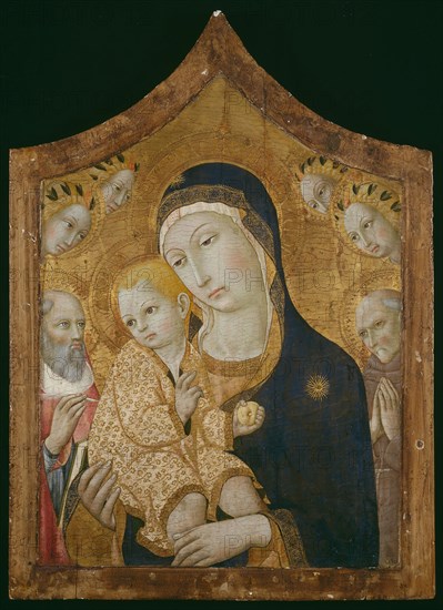 Virgin and Child with Saints Jerome, Bernardino of Siena, and Angels, 1450/60, Sano di Pietro, Italian, 1405–1481, Italy, Tempera on panel, Painted Surface: 66.2 × 48.2 cm (26 1/8 × 19 1/4 in.)