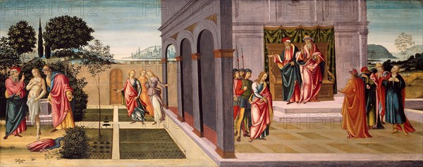 Susanna and the Elders in the Garden, and the Trial of Susanna before the Elders, c. 1500, Master of Apollo and Daphne, Italian, active c. 1480-1510, Florence, Tempera on panel, 64 × 159 cm (25 1/4 × 62 5/8 in.)