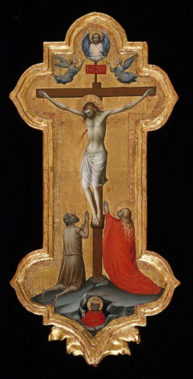 Processional Cross with Saint Mary Magdalene and a Blessed Hermit, 1392/95, Lorenzo Monaco, Italian, 1370/75–1425, Italy, Tempera on panel, Panel (Including Frame): 57.3 × 28 cm (22 1/2 × 11 1/16 in.), Painted Surface: 51 × 23.3 cm (20 1/8 × 9 3/16 in.), Widest Point at Center: 13.2 cm (5 3/16 in.)