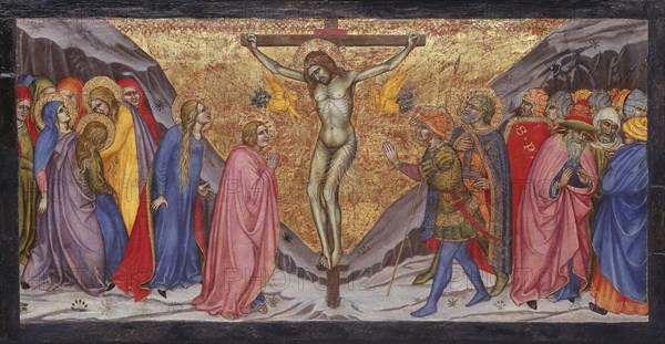 The Crucifixion, 1401/04, Taddeo di Bartolo, Italian, 1362/63-1422, Italy, Tempera on panel, Panel: 37.6 × 72.4 cm (14 3/4 × 28 1/2 in.), Painted Surface: 33 × 68 cm (13 × 26 3/4 in.)