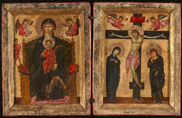 Diptych of the Virgin and Child Enthroned and the Crucifixion, 1275/85, Eastern Mediterranean or Italian, Italy, Tempera on panel, Left wing: 38 × 29.5 cm (14 15/16 × 11 5/8 in.), Painted image of left wing: 29.8 × 22.3 cm (11 3/4 × 8 3/4 in.)