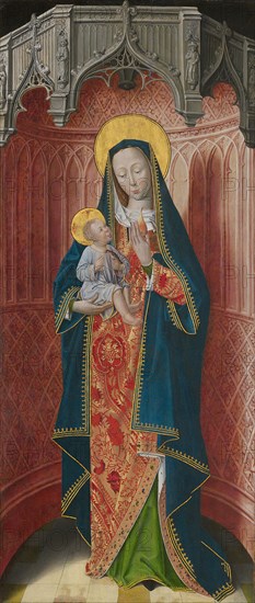 Panels from the High Altar of the Charterhouse of Saint-Honoré, Thuison-les-Abbeville: Virgin and Child, 1490/1500, French (Picardy), France, Oil on panel, Panel: 117.3 × 50.8 cm (46 3/16 × 20 in.), Painted Surface: 116 × 49.5 cm (45 11/16 × 19 1/2 in.)