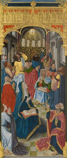 Panels from the High Altar of the Charterhouse of Saint-Honoré, Thuison-les-Abbeville: Pentecost, 1490/1500, French (Picardy), France, Oil on panel, Panel: 117 × 51.1 cm (46 1/16 × 20 1/8 in.), Painted Surface: 115.1 × 49.4 cm (45 5/16 × 19 7/16 in.)