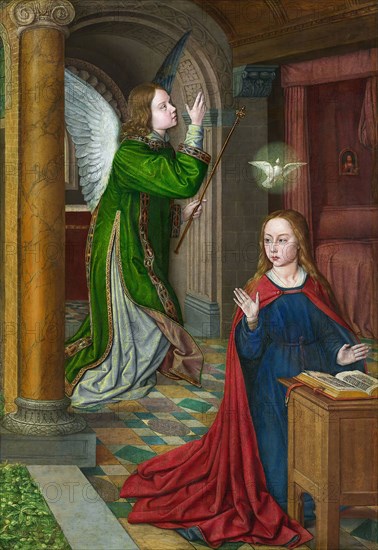 The Annunciation, 1490/95, Jean Hey, known as The Master of Moulins, French, active c. 1475- c. 1505, France, Oil on panel, 72.5 × 50.1 cm (28 1/2 × 19 11/16 in.), painted surface: 71.7 × 49.2 cm (28 1/4 × 19 3/8 in.)
