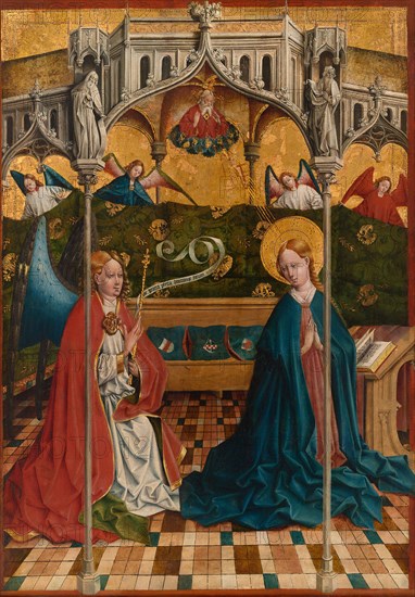 The Annunciation, Completed by 1457, Johann Koerbecke, German, about 1420–1490, Germany, Oil on panel, transferred to canvas, Panel: 93.3 × 65.8 cm (36 3/4 × 25 7/8 in.), Painted Surface: 36 3/16 × 25 1/4 in.