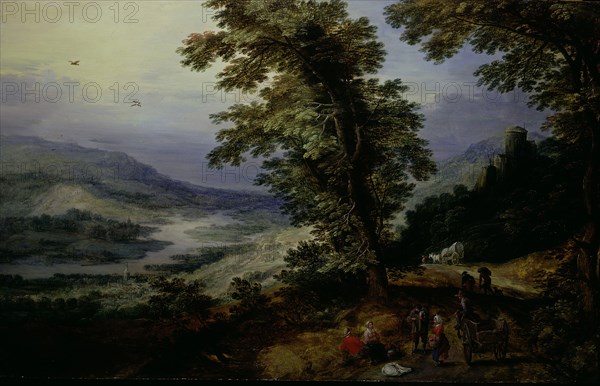 Mountain Road with Travelers, c. 1610/25, Josse de Momper the Younger, Flemish, 1564-1635, Flanders, Oil on cradled panel, 19 1/2 × 31 1/2 in. (50.2 × 80 cm)