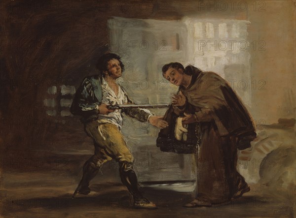 Friar Pedro Offers Shoes to El Maragato and Prepares to Push Aside His Gun, c. 1806, Francisco José de Goya y Lucientes, Spanish, 1746-1828, Spain, Oil on panel, 11 1/2 × 15 3/4 in. (29.2 × 38.5 cm)