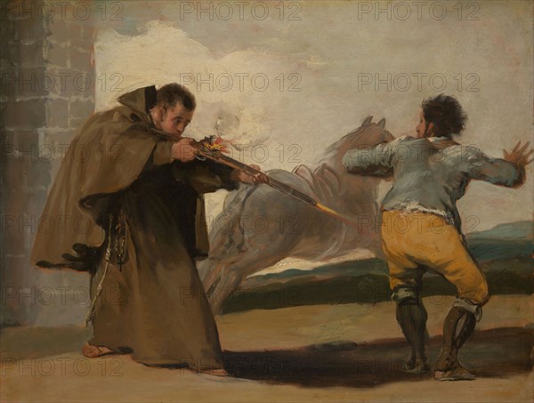 Friar Pedro Shoots El Maragato as His Horse Runs Off, c. 1806, Francisco José de Goya y Lucientes, Spanish, 1746-1828, Spain, Oil on panel, 29.2 × 38.5 cm (11 1/2 × 15 5/8 in.)