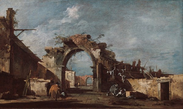 Ruined Archway, 1775/93, Francesco Guardi, Italian, 1712-1793, Italy, Oil on canvas, 11 5/8 x 19 1/2 in. (29.5 x 49.7 cm)