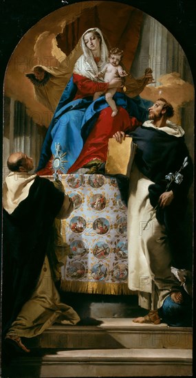 Virgin and Child with Saints Dominic and Hyacinth, 1730/35, Giovanni Battista Tiepolo, Italian, 1696-1770, Italy, Oil on canvas, 108 × 54 in. (274.3 × 137.2 cm)