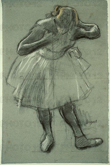 Dancer Bending Forward, 1874/79, Edgar Degas, French, 1834-1917, France, Charcoal with stumping, heightened with white and yellow pastel with stumping, on blue laid paper ruled with charcoal, 462 × 304 mm