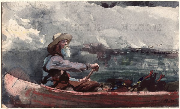 Adirondacks Guide, 1892, Winslow Homer, American, 1836-1910, United States, Transparent watercolor with touches of opaque watercolor, rewetting, blotting and scraping, over traces of graphite, on thick, moderately textured, ivory wove paper (top edge trimmed), 329 x 545 mm